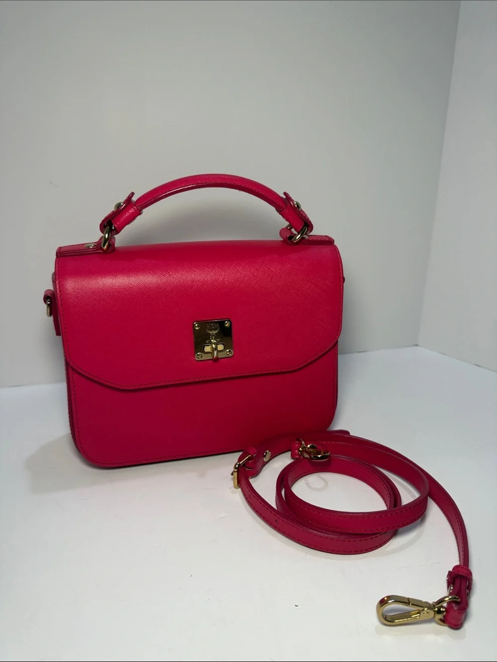 MCM Fuchsia Pink Leather Top Handle Satchel Bag - Picture 7 of 12